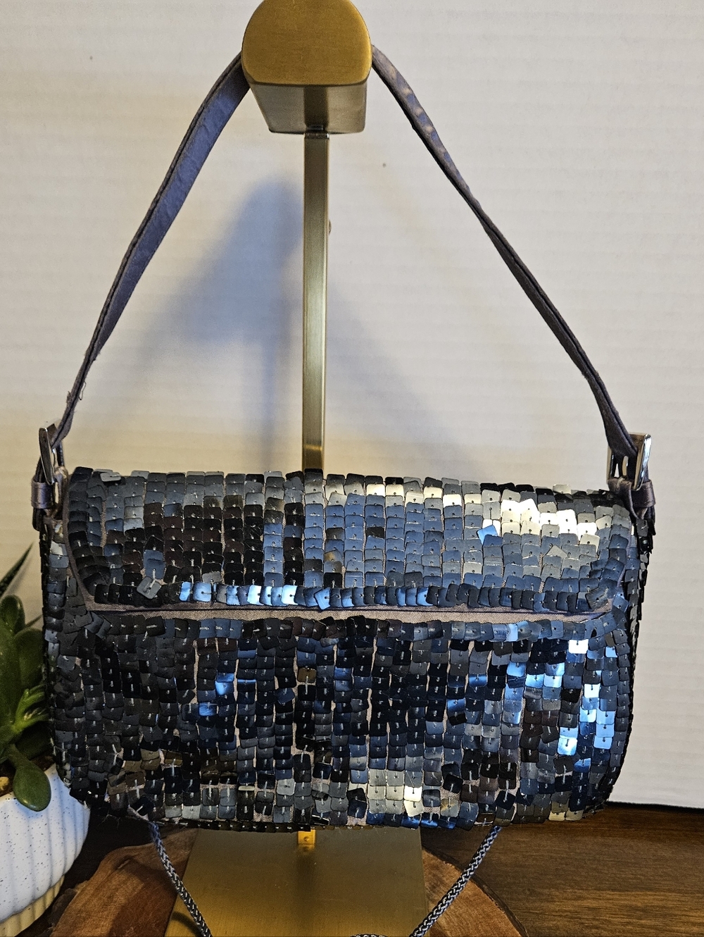 Valerie Stevens Sequin Baguette Blue Silver Buckle Formal Bag - Picture 2 of 6